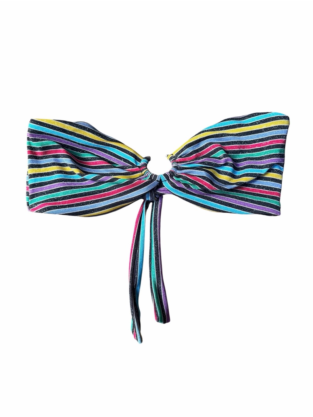 WEWOREWHAT Rainbow Metallic Stripe Bandeau Bikini Top L Tie Back